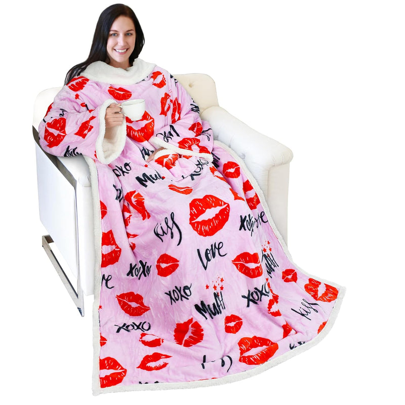 Kiss Sherpa Wearable Blanket With Sleeves Arms, Comfy Sleeved Tv Wrap Blanket,