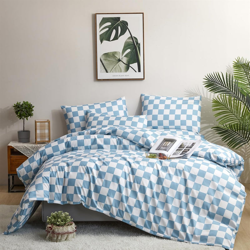Light Blue Checkered Comforter Set Full Plaid Grid Bedding Comforter Sets Blue