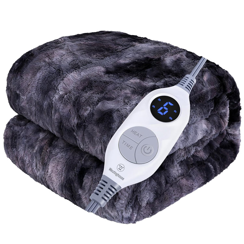 Electric Blanket Heated Throw, Soft Fuzzy Faux Fur Blanket, 6 Heating Levels &