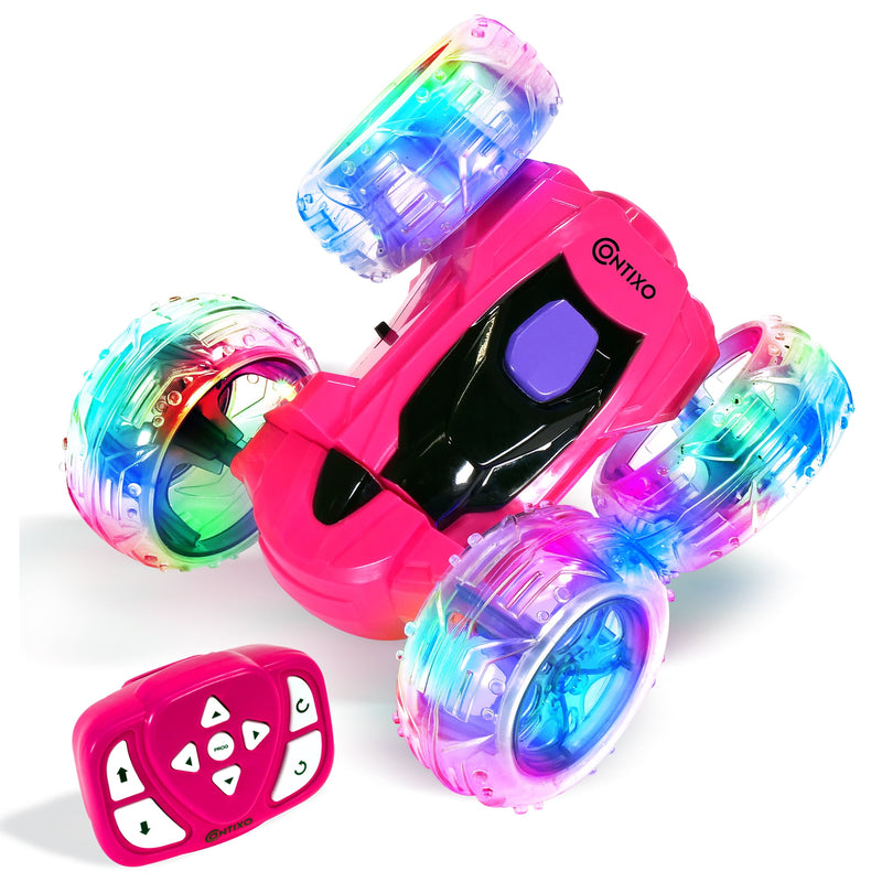 Contixo RC Car Stunt Racer, Wheels Flip & Rotate 360°, Fast Remote Control Toy Car for Kids, AWD, 2.4GHz, Rechargeable Battery, Lights Up - Pink