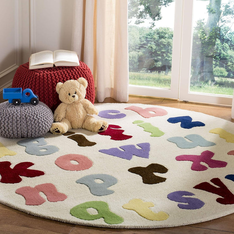 Kids Collection 6' Round Ivory/Multi Sfk389A Handmade Alphabet Letters Wool Ar