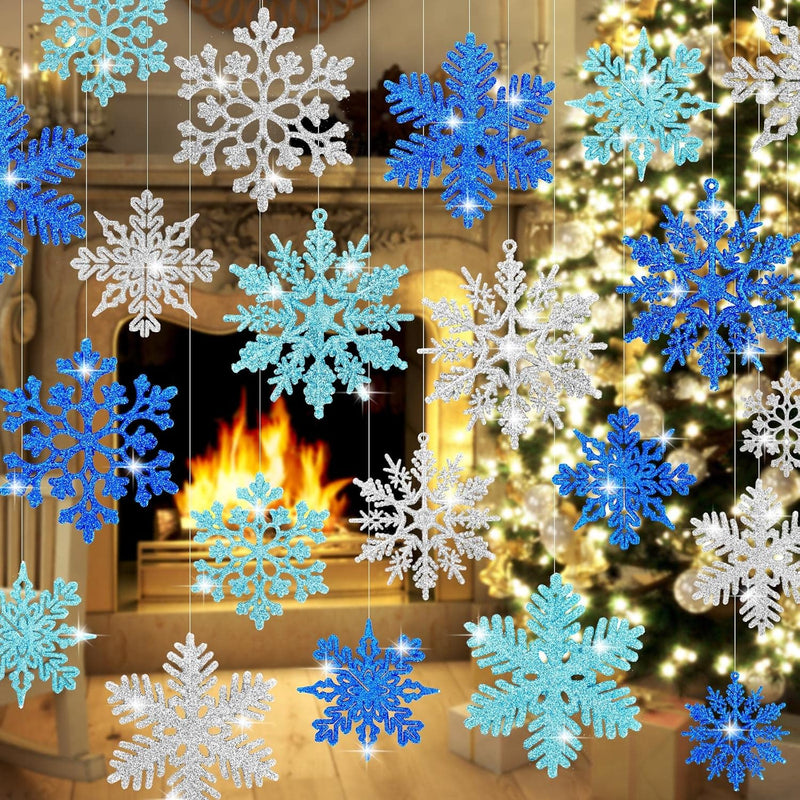 48Pcs Christmas Snowflake Hanging Ornaments Assorted Blue Silver Winter Snow F