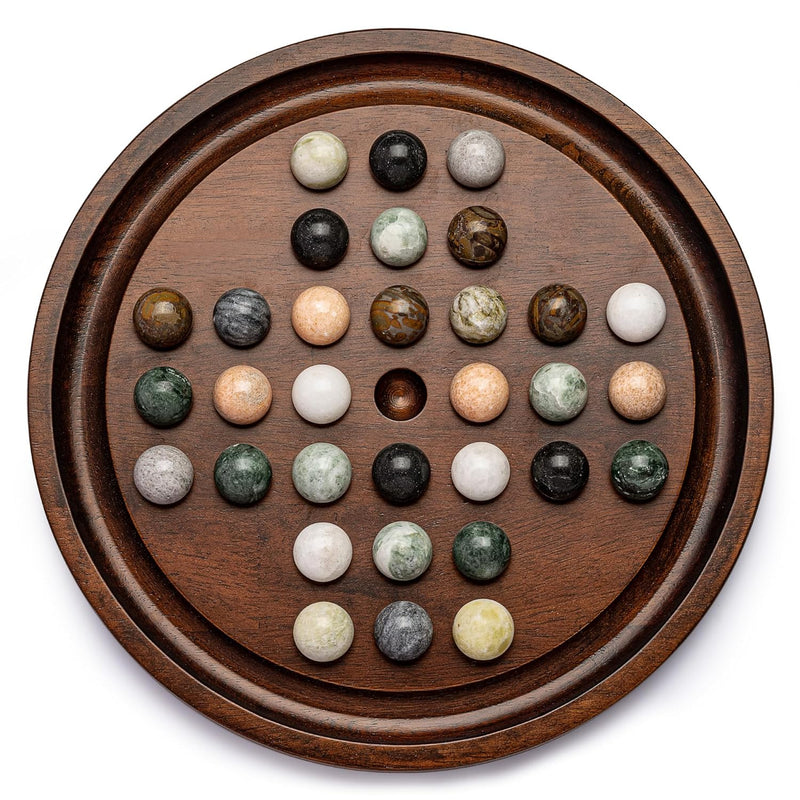 Deluxe Solitaire Game Set: 12.6'' Solid Wooden Board, 32 Natural Marble Bal