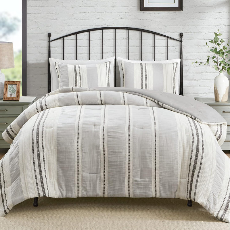 Farmhouse Bedding Set,Grey Modern Full/Queen Size Comforter,Cotton Top With Ne