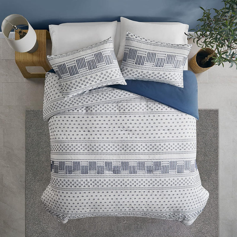 Modern Navy Bedding, Blue Full / Queen Farmhouse Comforter Set, Cotton Top Wit