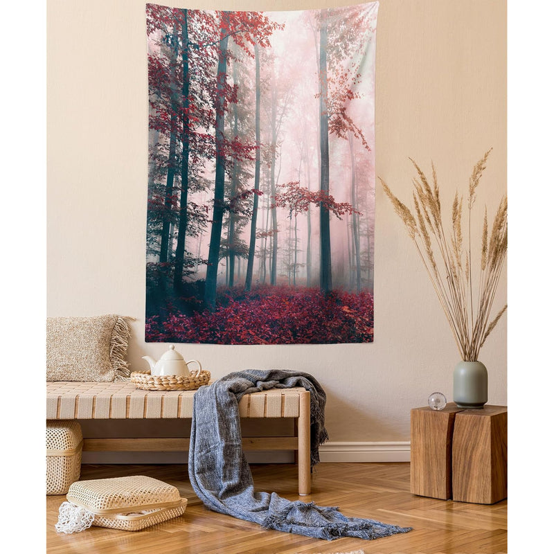 Forest Tapestry Twin Size, Autumn Season Mystic Foggy Fall Nature And Enchante