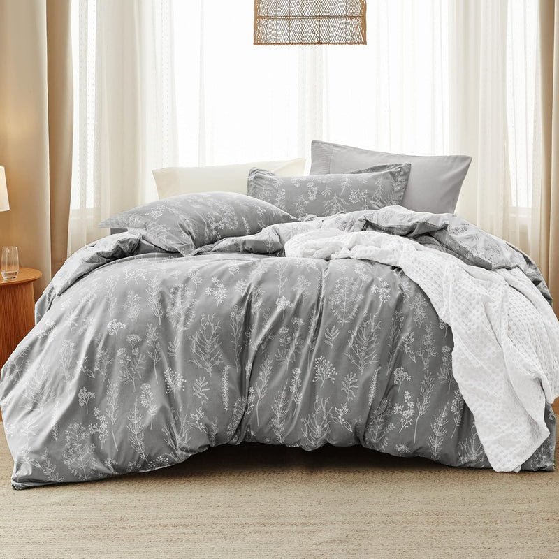 Queen Comforter Set - Grey Comforter, Cute Floral Bedding Comforter Sets, 3 Pi