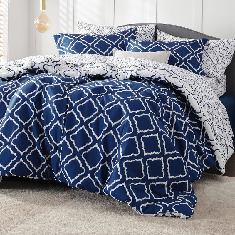 Full Comforter Set 7 Pieces - Navy Blue Quatrefoil Comforters Full Size, Light