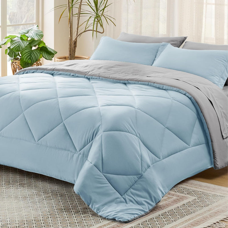 Sky Blue Queen Comforter Set - 7 Pieces Reversible Queen Bed In A Bag Queen Be