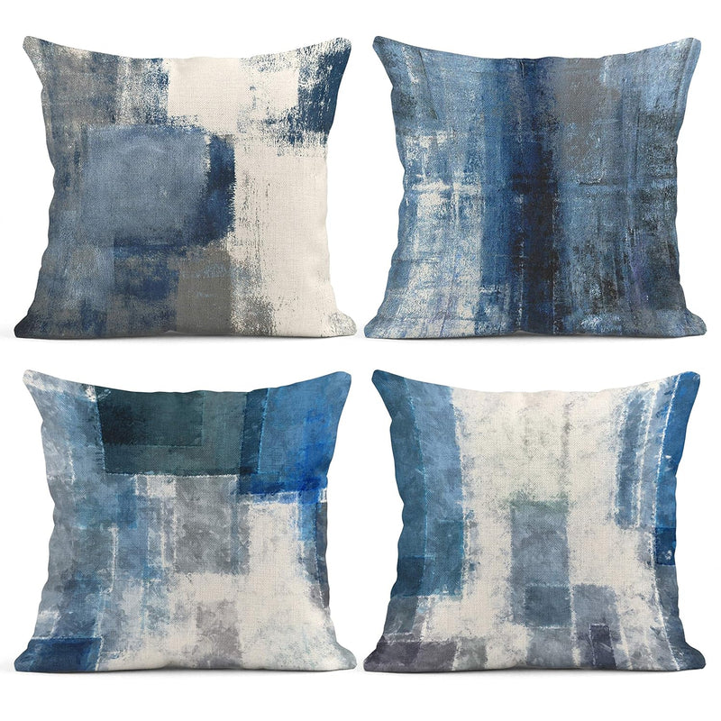 Set Of 4 Throw Pillow Covers Blue And Grey White Art Artwork Contemporary Deco