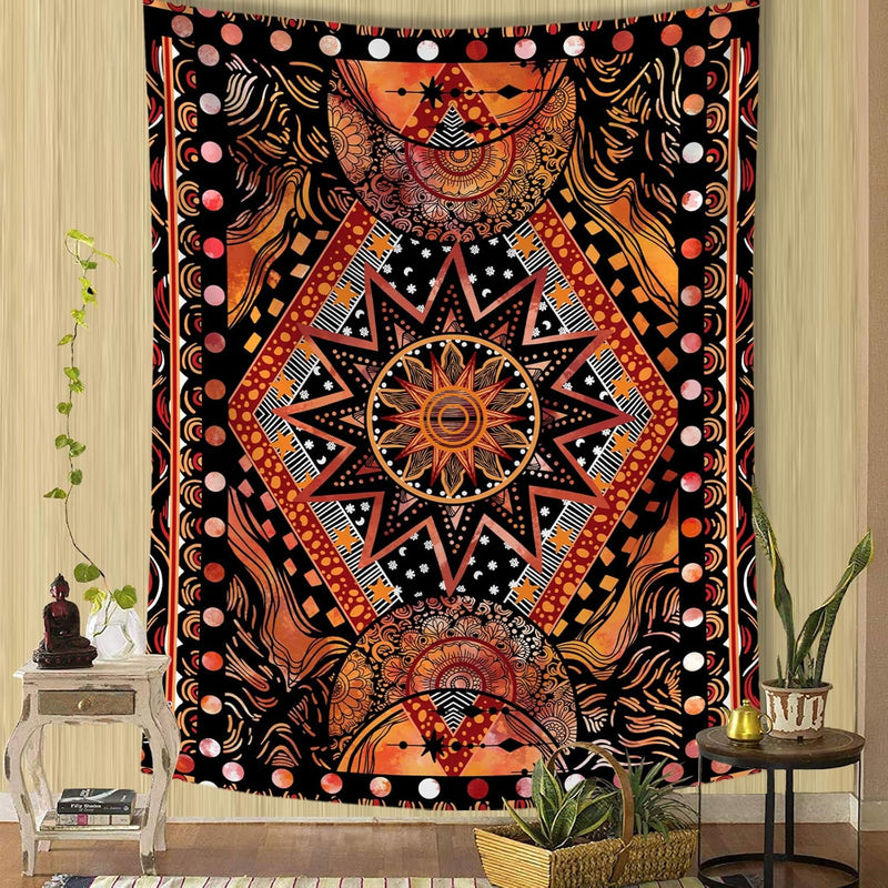 Orange Sun And Moon Tapestry Wall Hanging, Indie Hippie Mandala Cool Wall Tape