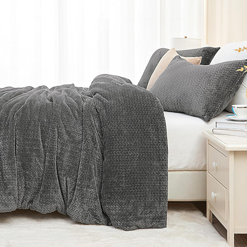 Fluffy Comforter Set Queen - Furry Leaves Pattern Faux Fur Bed Set 3 Pieces, W