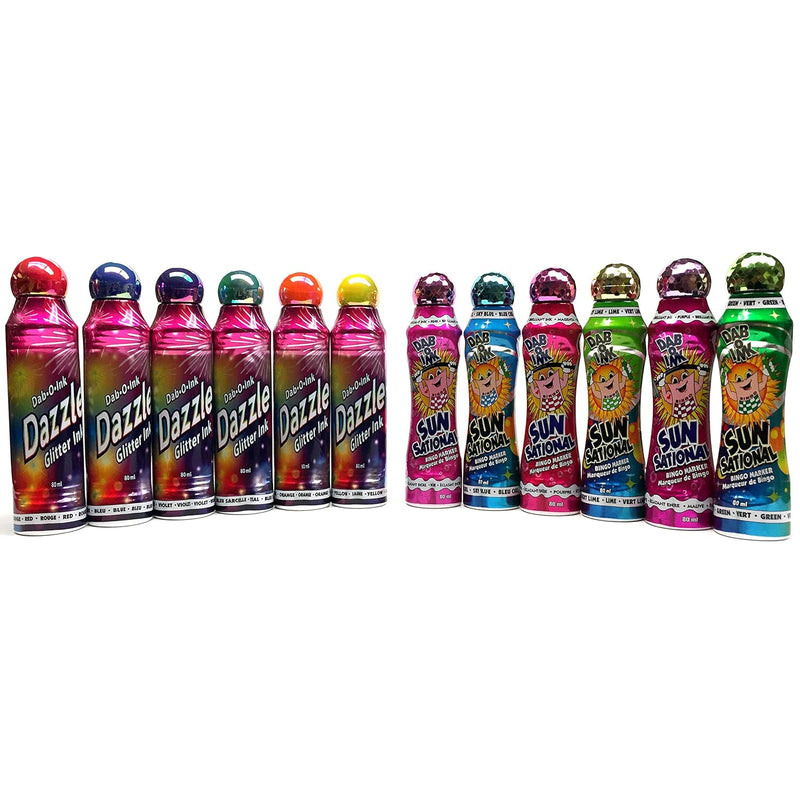Bingo Dauber Mixed Dozen Includes 6 Dazzle Glitter Ink & 6 Ultra Bright Sun