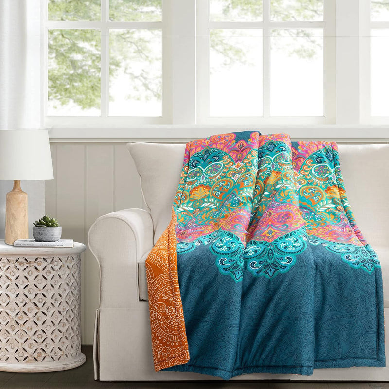 Boho Chic Reversible Throw Blanket, 60" X 50", Turquoise &Navy