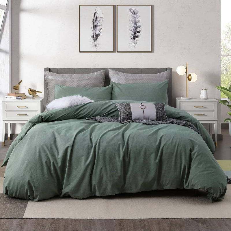 3 Piece Duvet Cover Set Queen Size,100% Organic Washed Cotton With Linen Feel