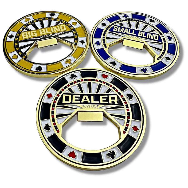 Set Of 3 Metal Bottle Opener Poker Buttons Dealer Button, Big Blind And Sma