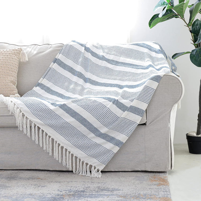 Decorative Blue White Striped Throw With Fringe, Soft Chenille Knitted Farmhou