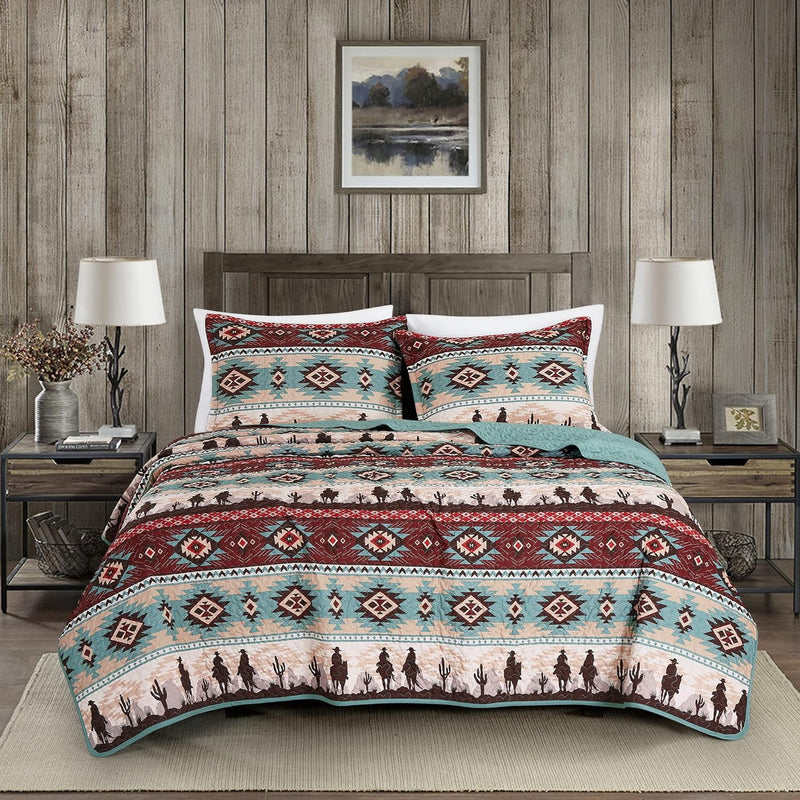 Dune 3-Piece Southwestern Cowboys Aztec Quilt Set - Multicolor Teal Brown Beig