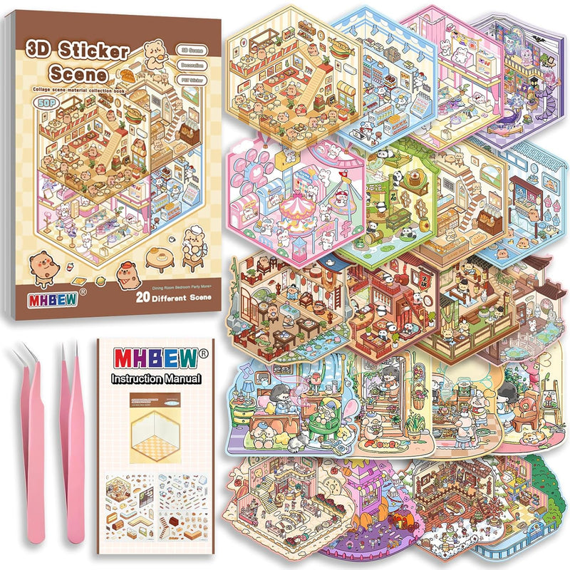 20 Sets DIY 3D Sticker Scene Book for Kids and Adults Cozy Room Sticker Therapy Decorations