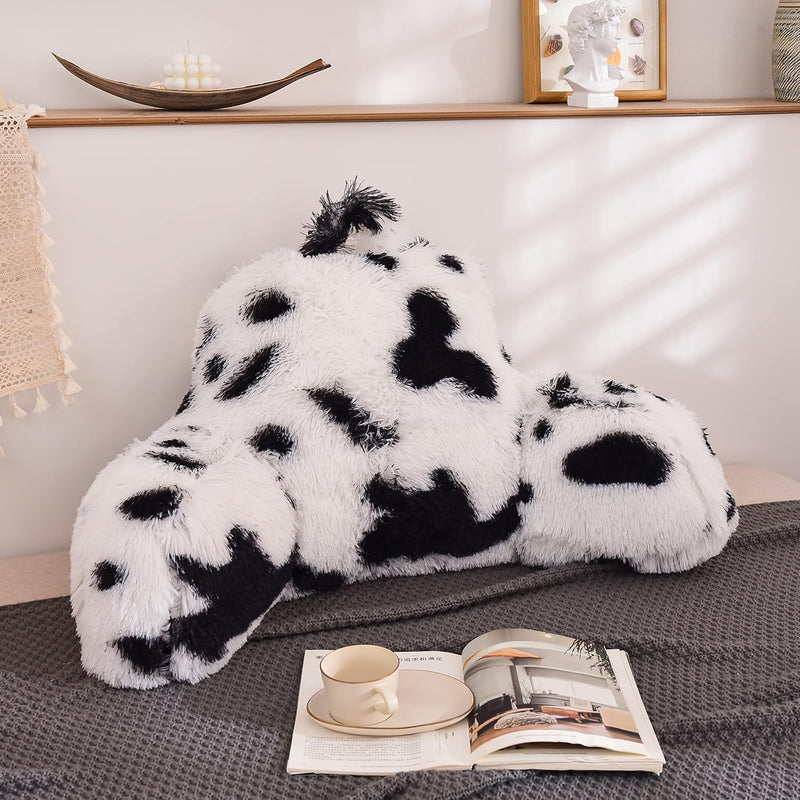 Cow Print Reading Pillows Plush Shaggy With Arms Faux Fur Bed Rest Pillow For