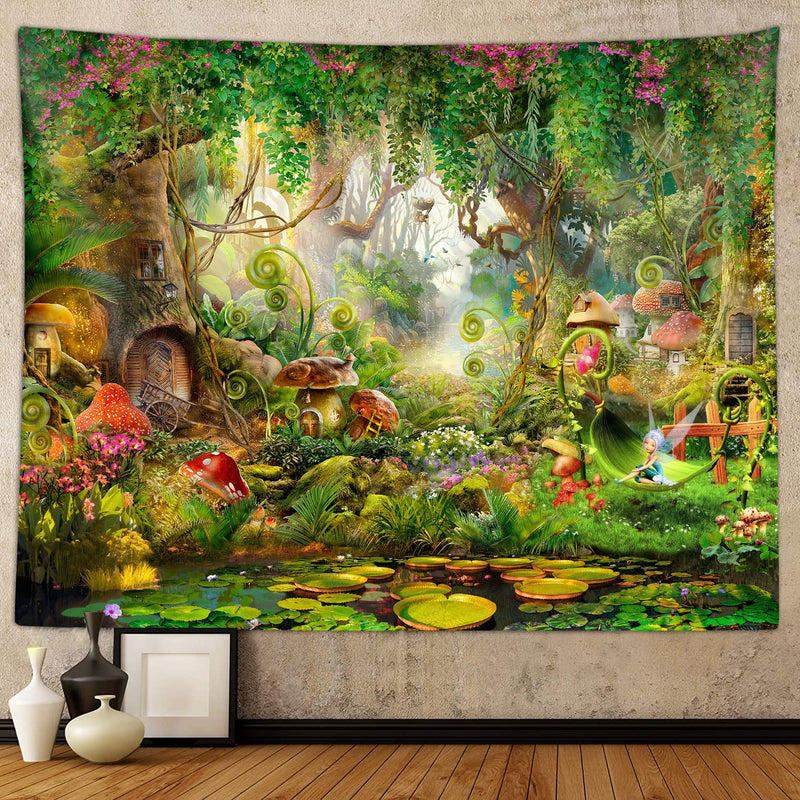 Fairy Forest Mushroom Decor Tapestry, Cute Fantasy Enchanted Forest Garden Tap