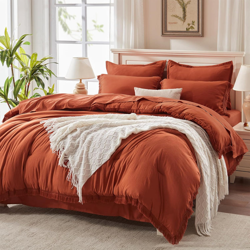King Size Comforter Set With Sheets Burnt Orange - 7 Pieces Bed In A Bag Boho