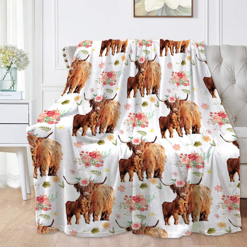 Highland Cow Blanket For Boys Girls, Flowers Cow Kids Throw Blanket Gift For C