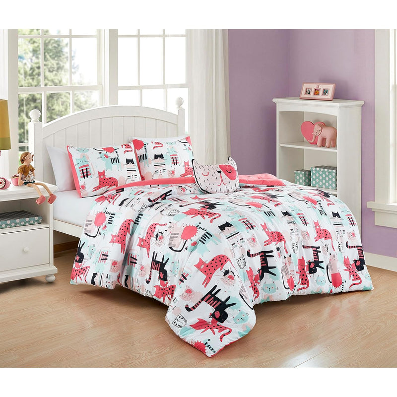 4-Piece Cartoon Cats Bedding Set Full/Queen Size - Blue Pink Black Soft Microf