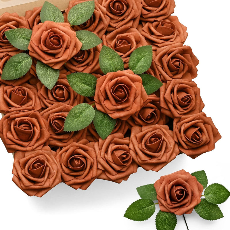 50Pcs Artificial Rose Flowers, Burnt Orange Fake Roses For Decorations, Real T
