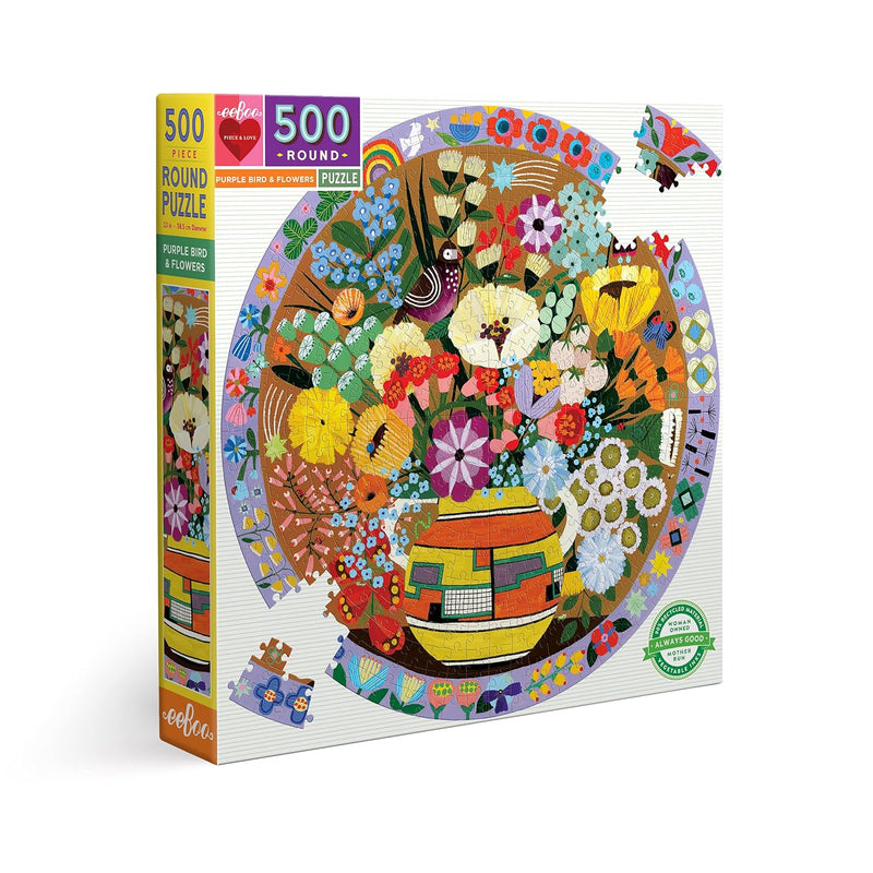 eeBoo: Piece and Love Purple Bird and Flowers 500 Piece Round Jigsaw Puzzle
