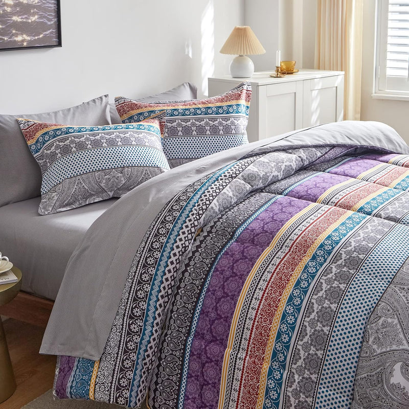 Bohemian Bed In A Bag 7 Pieces Queen Size, Colorful Boho Purple Orange Gray St