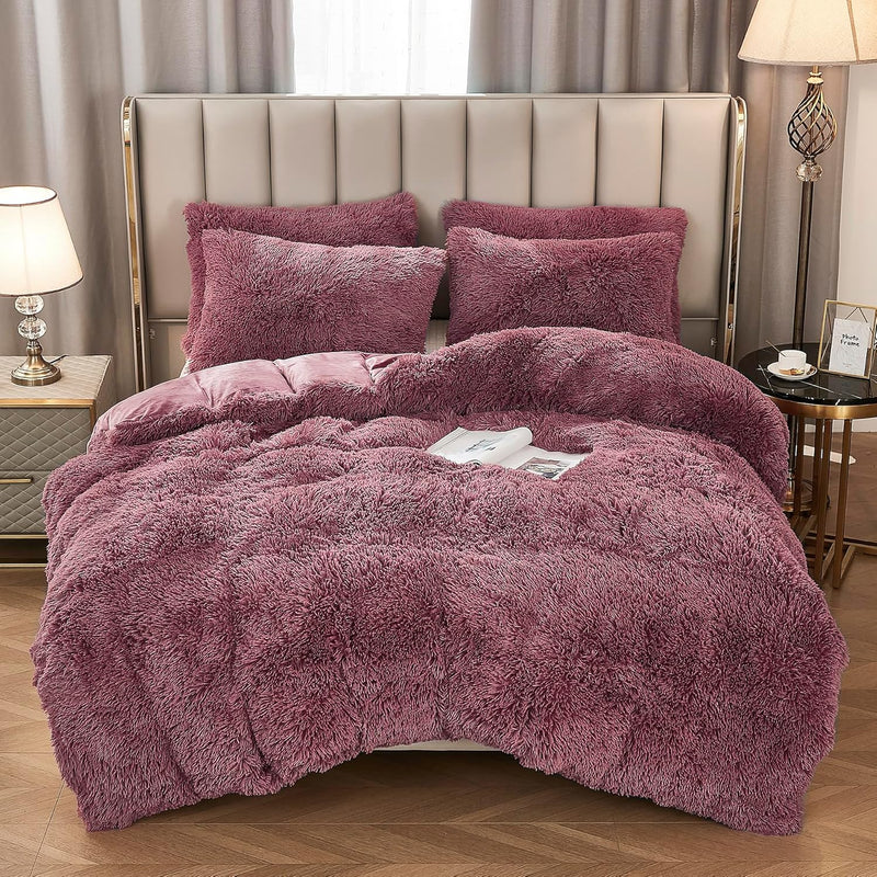 Shaggy Fluffy Faux Fur Duvet Cover Set Button Closure Velvety Bedding Set Comf