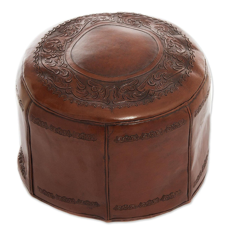 Brown Colonial Style Tooled Leather Ottoman Cover, 'Spanish Elegance' (Filling