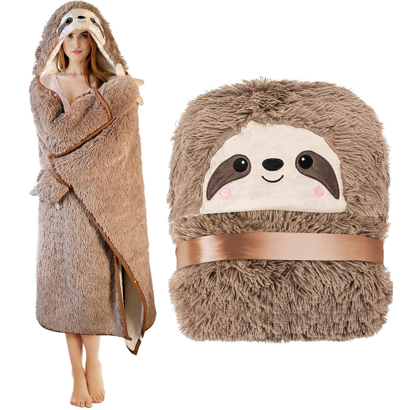 Sloth Wearable Hooded Blanket For Adults - Fluffy Super Soft Shaggy Faux Fur,
