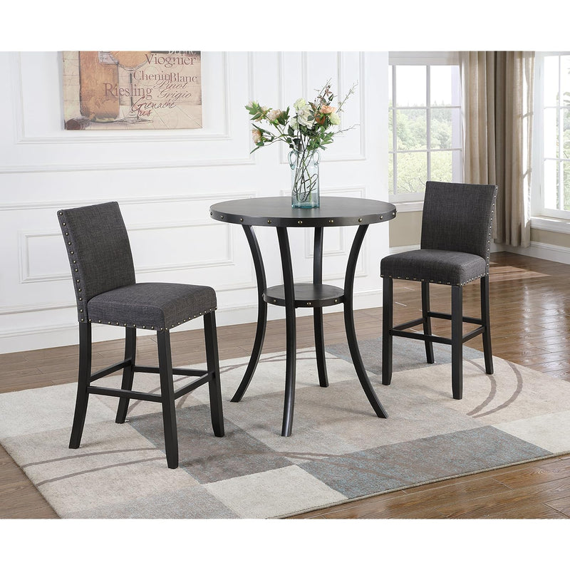 Biony 3-Piece Round Espresso Bar Table With Nail Head Stools, Gray