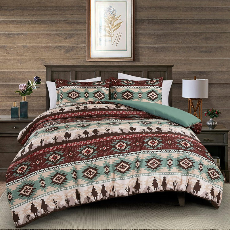 Audun 3-Piece Southwestern Cowboys Aztec Comforter Set - Multicolor Teal Brown