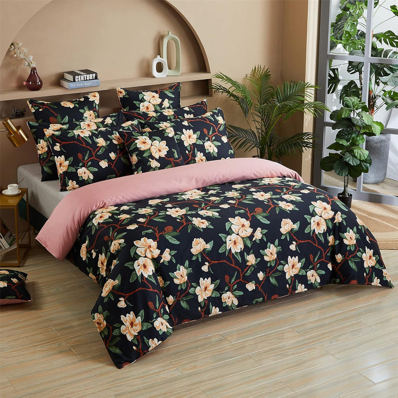 Duvet Cover Twin Xl Shabby Black And Pink Floral Bedding Elegant Peony Farmhou