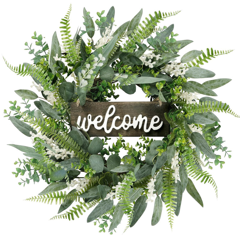 Green Artificial Eucalyptus Wreath With Welcome Sign 20In Mixed White Berries