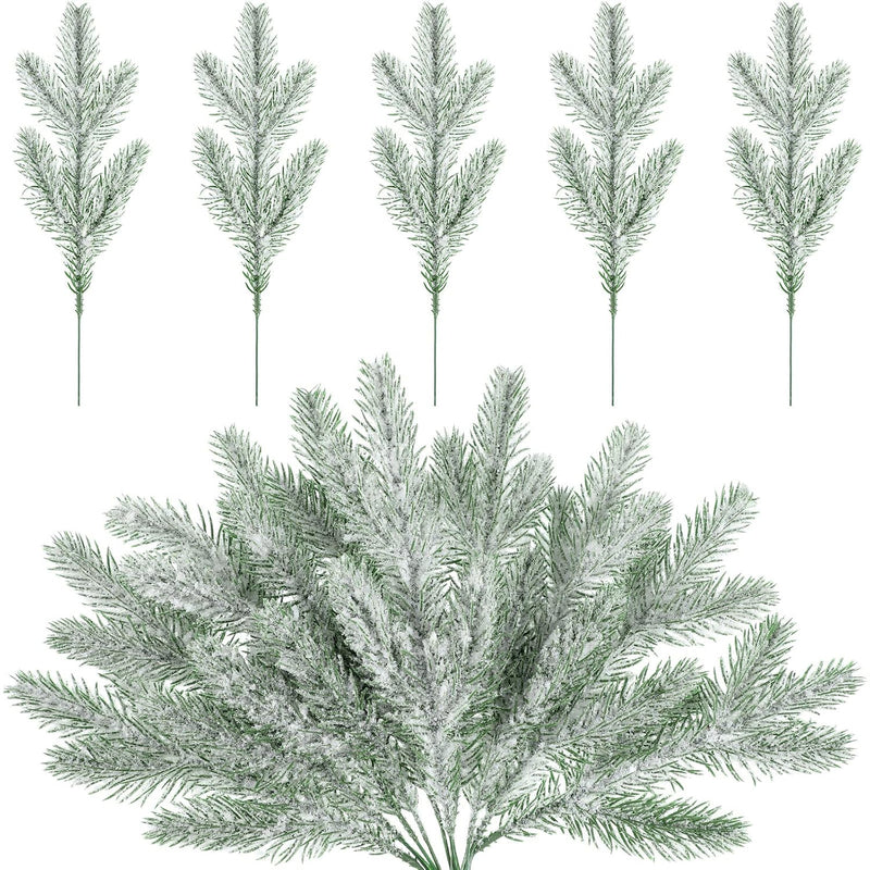 30 Pcs Snow Frosted Pine Branches Christmas Artificial Pine Leaves Branches Fa