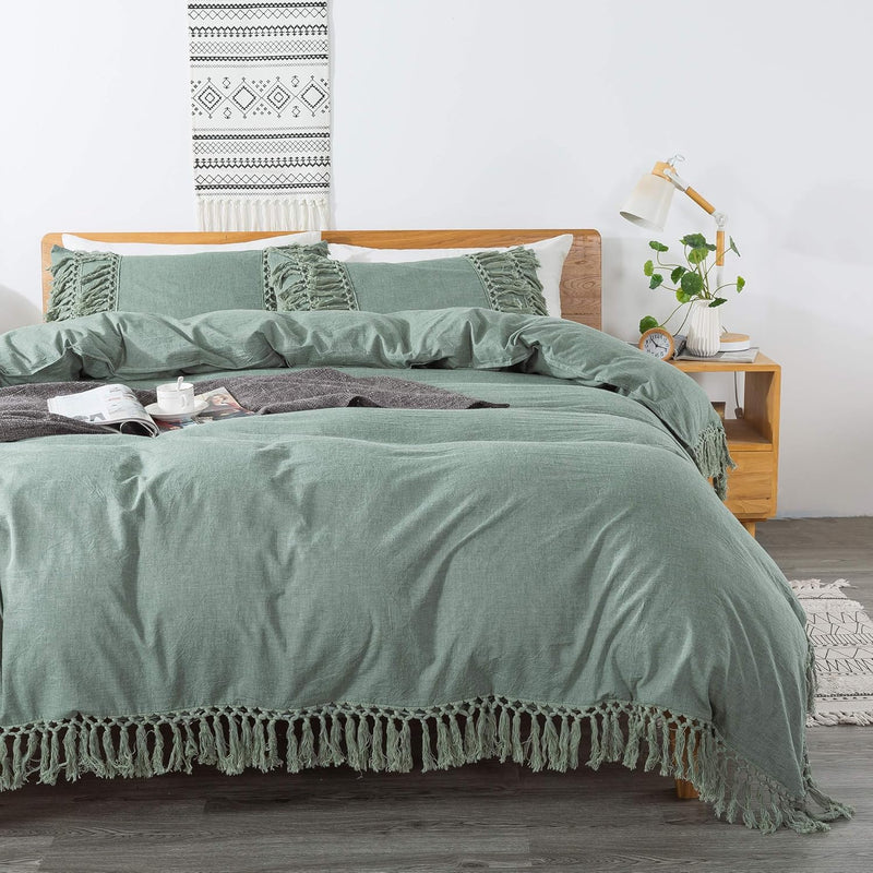 Boho Tassel Queen Bedding Set Green Fringed Vintage And Farmhouse Duvet Cover