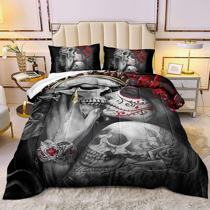 3D Red Flowers Girl Sugar Kiss Skull Printed Quilt, 3-Piece Gothic Crown Skull