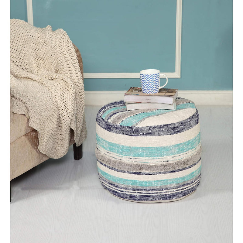 Lr Home Coastal Stripe Pouf, 18"X14", White/Blue