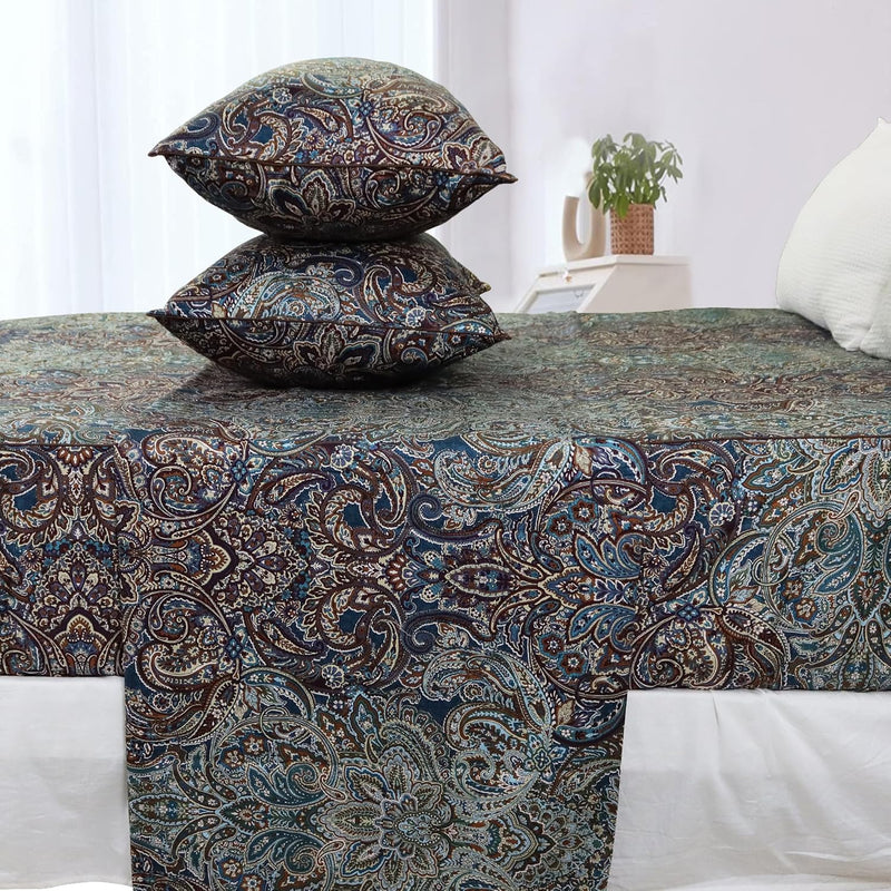 Vintage Blue Paisley Bedding Set Queen Size 4Pcs Deep Pocket Bed Sheet Set Boh