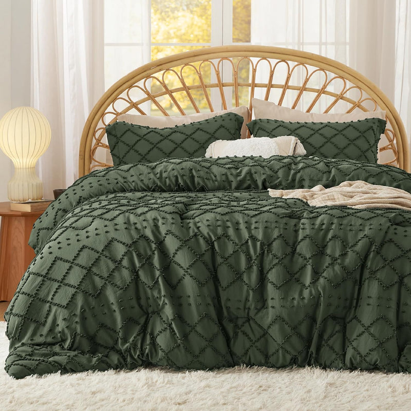 Queen Comforter Set - Olive Green Comforter, Boho Tufted Shabby Chic Bedding C