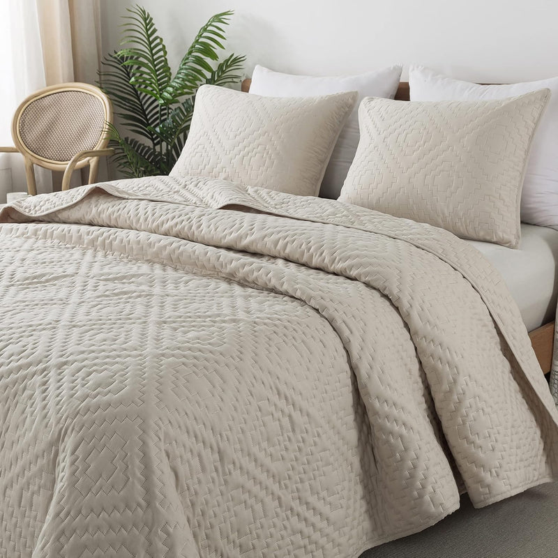 Beige Cream Tan Twin Size Quilt Bedding Sets With Pillow Sham, Boho Lightweigh