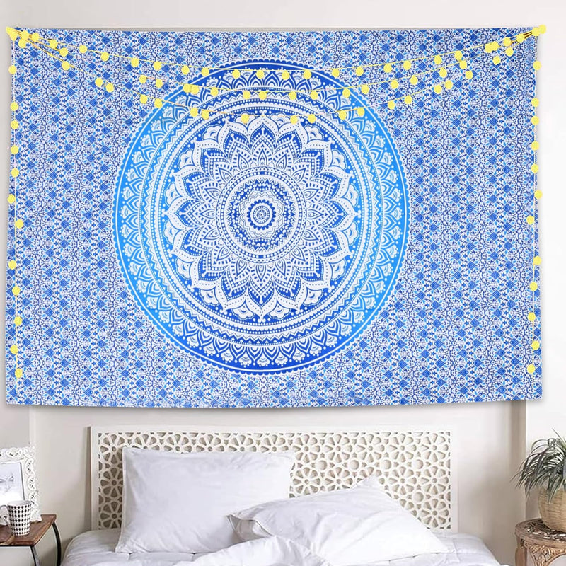 Mandala Wall Hanging Hippie Ombre Tapestrys Blue And White - 82X55 Inch Indie