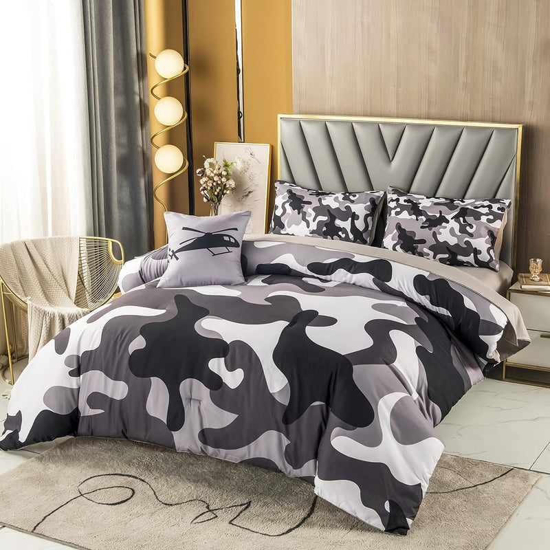 6 Pcs Grey Camo Comforter Bedding Set Queen Size, Camouflage Design Lodge Cabi