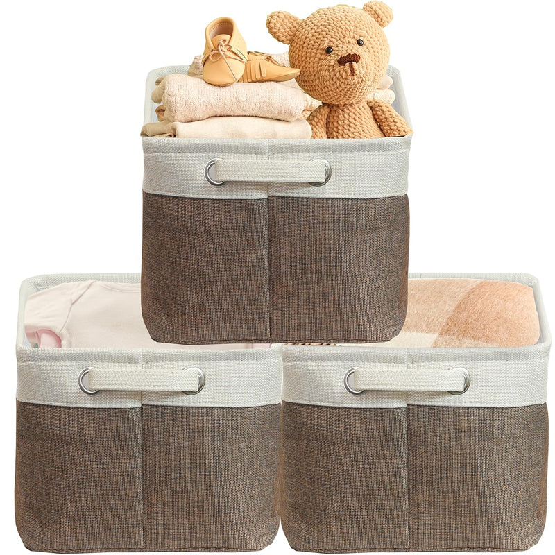 Large Decorative Fabric Storage Bin Basket For Nursery, 3 Pack, Brown