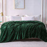 Flannel Fleece Queen Size Bed Blanket, Soft Velvet Lightweight Bedspread Plush Fluffy Coverlet Chevron Design Decorative Blanket For All Season, 90X90 Inch, Deep Green