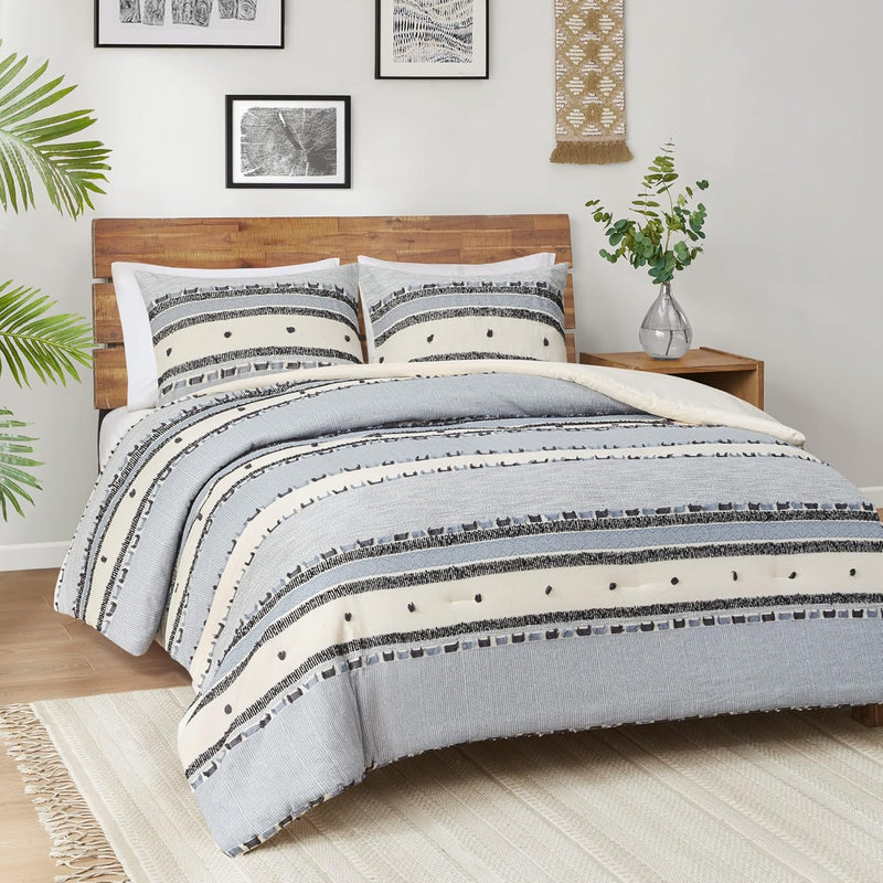 Boho Blue King Comforter Set ,Modern Farmhouse Tufted Bedding Sets, Cotton Top